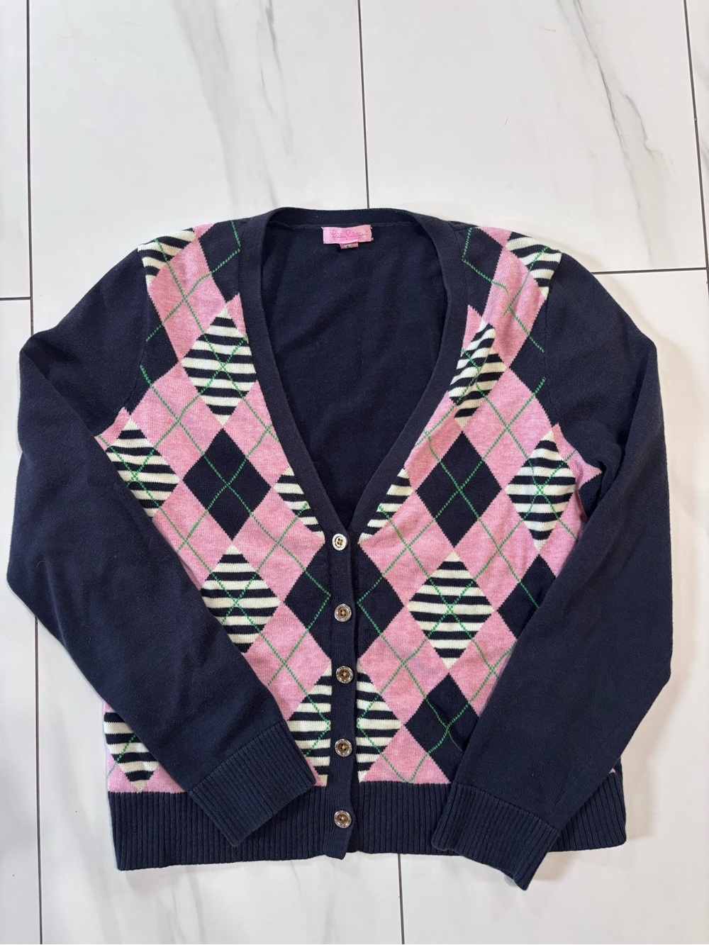 Lilly Pulitzer Pink Argyle merino wool and cotton blend Cardigan size large